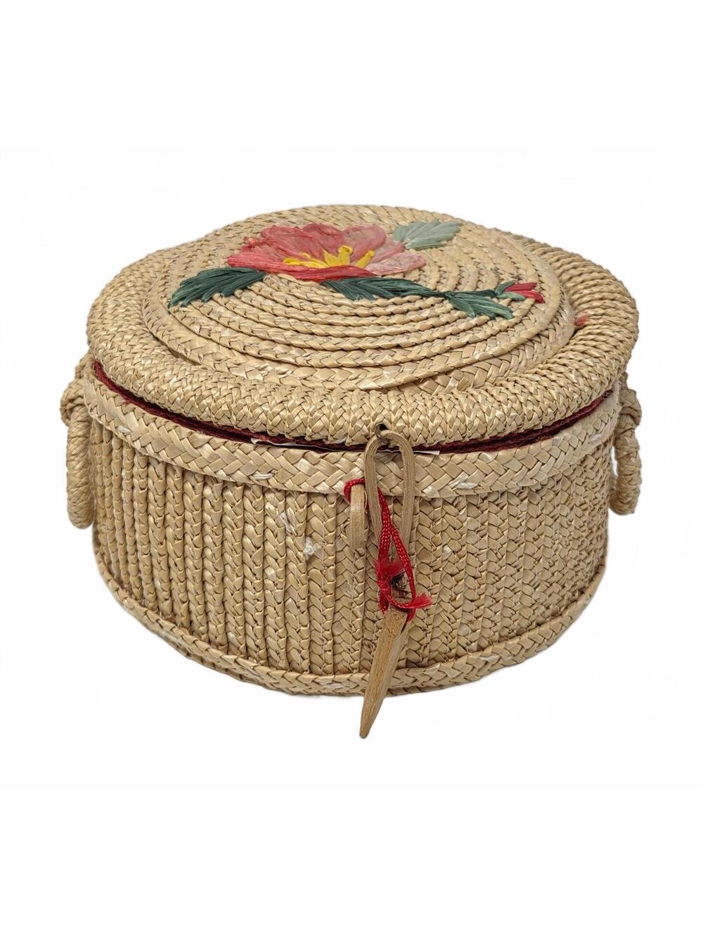 Vintage Chinese Raffia Sewing Basket Floral Lid Red Lined With Buttons